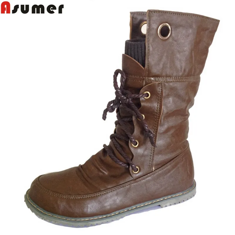 

Plus size winter snow boots flats lace up round toe soft leather women ankle boots black brown yellow female shoes woman