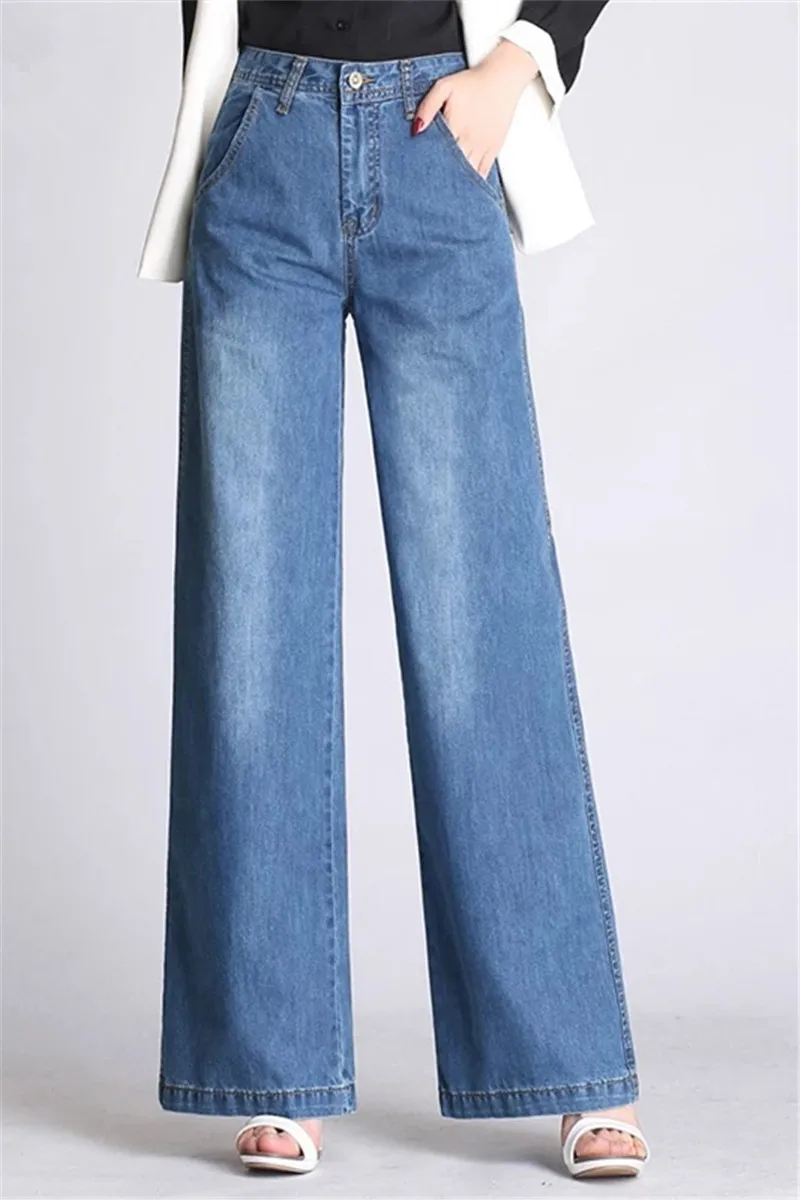 Широкие брюки Штаны для женщин большие размеры синий хлопок смесь джинсы повседневные Новые Модные свободные Капри женские Осень-весна