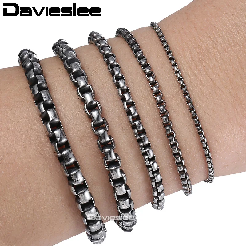 Davieslee Stainless Steel Round Box Chain Bracelet for Men Gunmetal