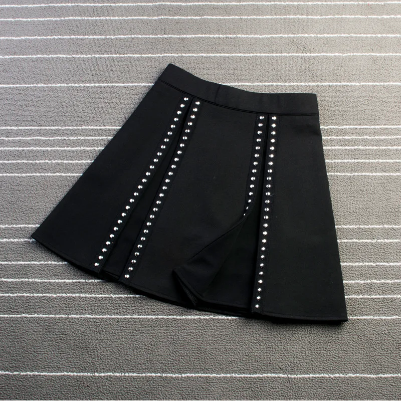 

2019 Korean version of the new skirt female was thin spring rivet high waist elastic waist black pleated skirt S-M-L-XL-XXL