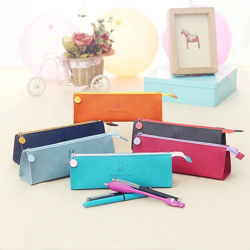 

High quality Triangle Pencil Case Pencil Bags Exquisite Waterproof Pu Leather Storage Cosmetic Bag School Office stationery Gift