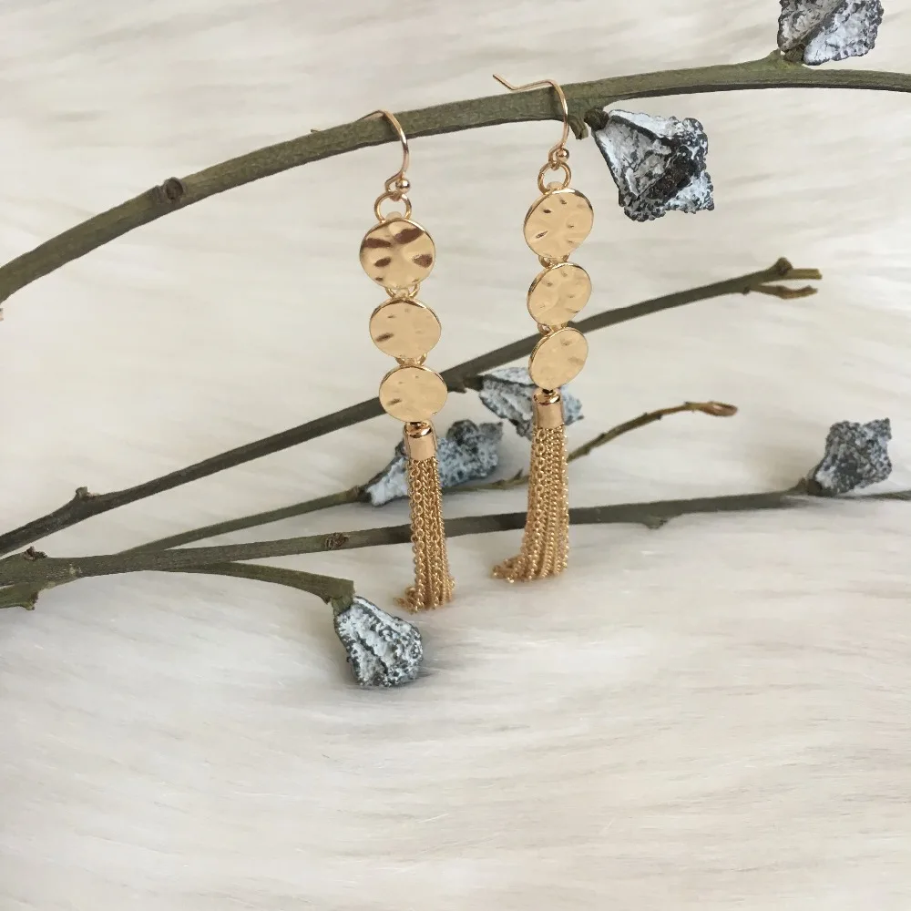 

GIRLY EARRINGS GOLD COLOR PLATING HAMMERED DISC WITH CHAIN TASSEL DROP EARRINGS FOR WOMEN GIRL