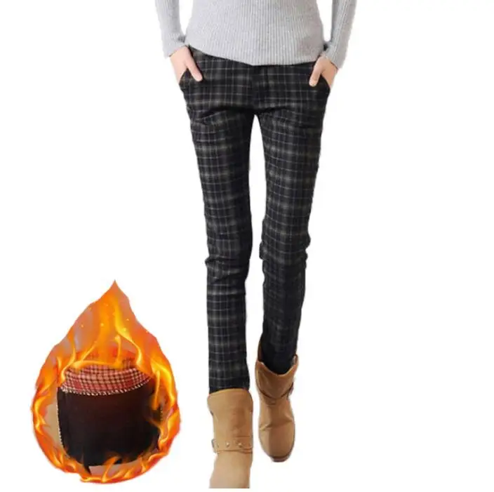 

2017 Autumn Winter Plus cashmere Warm Pencil Pants Women High Waist Slim Plaid Pantalones Mujer Large Size Casual Trousers Women