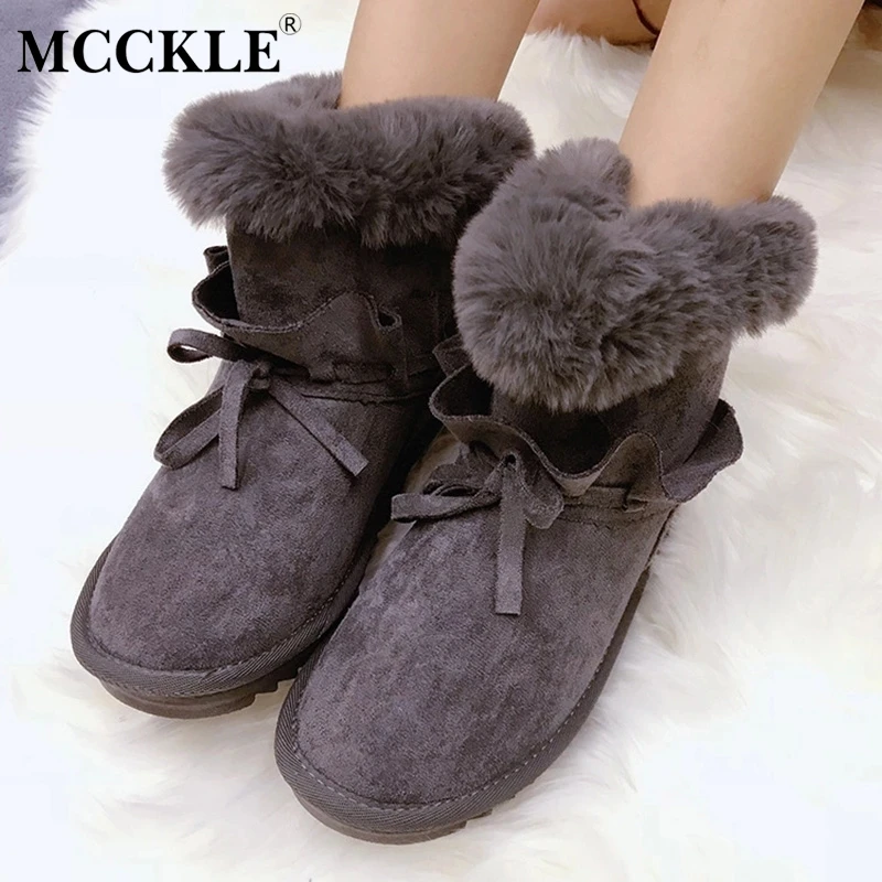 

MCCKLE Women Winter Casual Platform Flat Plush Warm Snow Boots Ladies Leisure Shoes Female Suede Bowtie Slip On Ankle Boots
