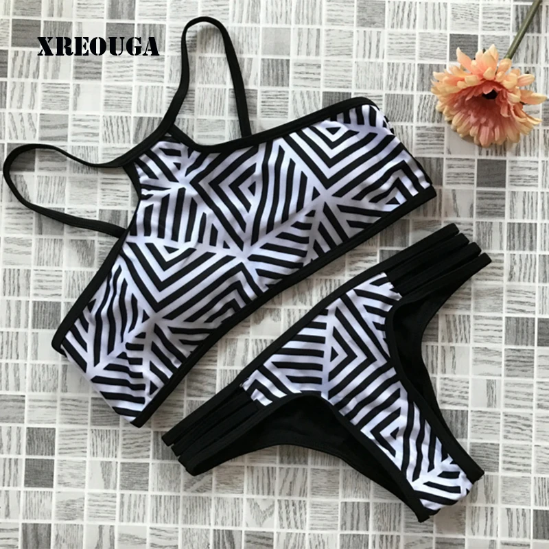 New Arrival Plaid Striped Print Women Bikini Sets Sexy Black and White