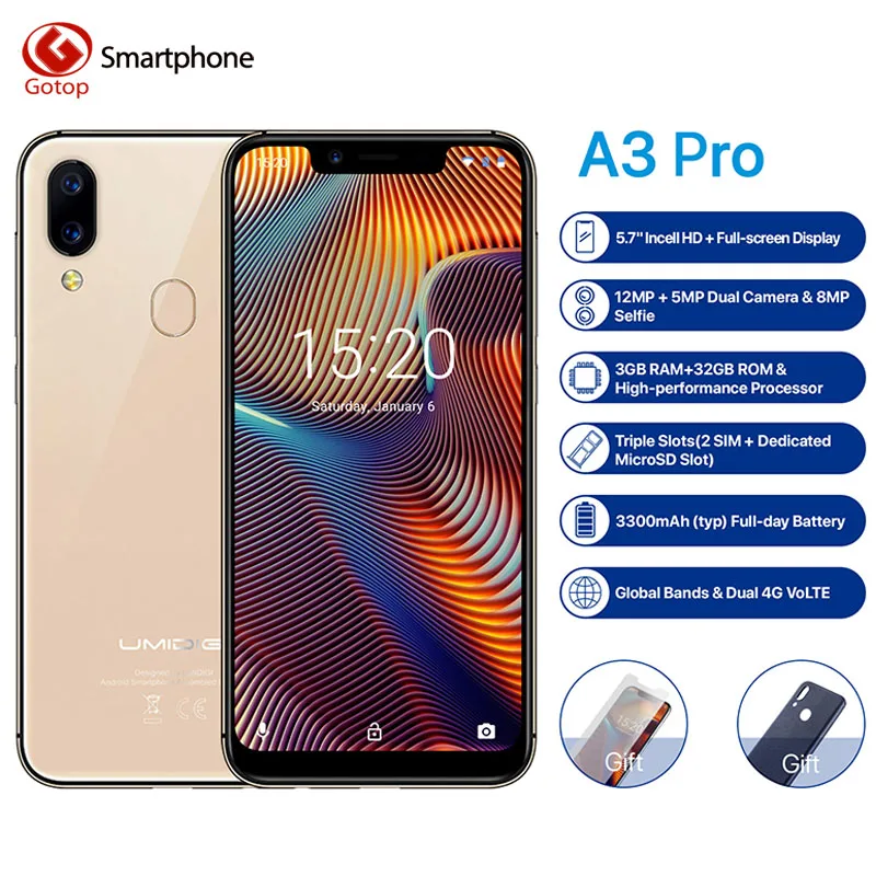 

UMIDIGI A3 Pro Global Band 5.7"19:9 FullScreen smartphone 3GB+16/32GB Quad core Android 8.1 12MP+5MP Face Unlock Dual 4G 3 Slots