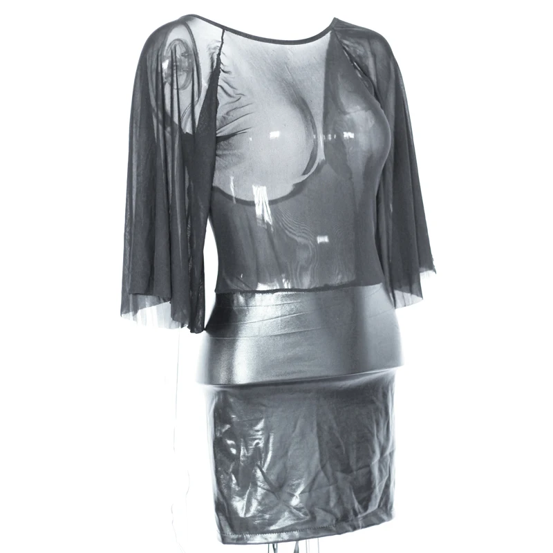 Black Mesh Patchwork Clubwear Transparent Batwing Sleeve Nightclub Wet Look Vestidos Exotic Woman Backless Short Sexy Club Dress (3)