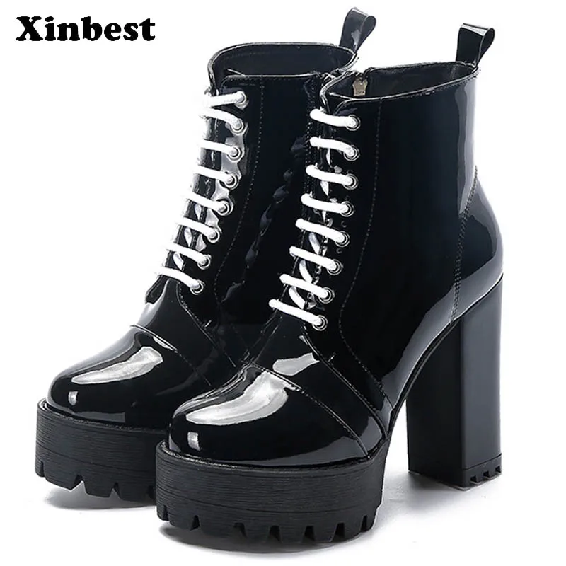 

Xinbest 2018 Women Boots Round Toe Women High Heel Shoes Square heel Womens Winter Boots Casual Fashion Ankle Boots For Women