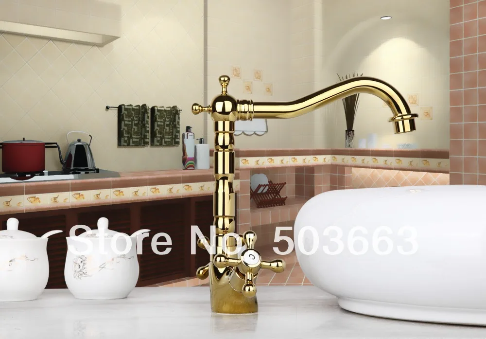 Hot Sales Golden Kitchen Swivel Basin Sink Deck Mounted Single Hole Ceramic Double Handles Faucet Tap MF-705 Mixer Tap Faucet golden plated water mixer tap faucet kitchen sink basin swivel vessel golden polished deck mounted single handle faucet