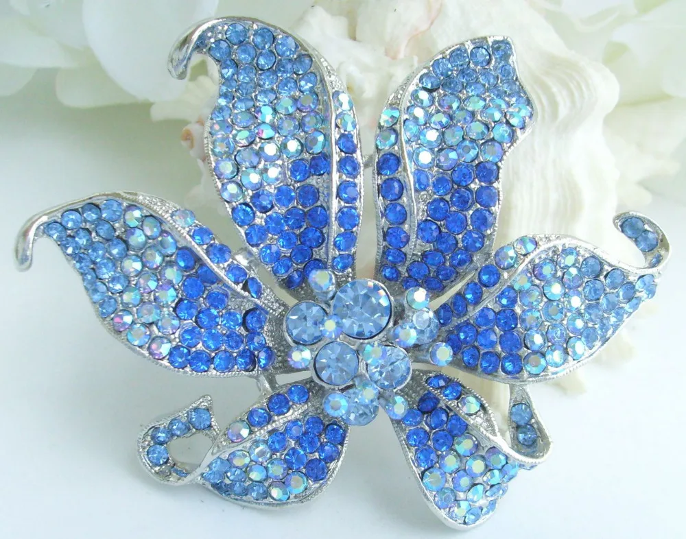 3.74&quot Blue Rhinestone Crystal Orchid Flower Brooch Pin Pendant EE03903C6 | Украшения и аксессуары