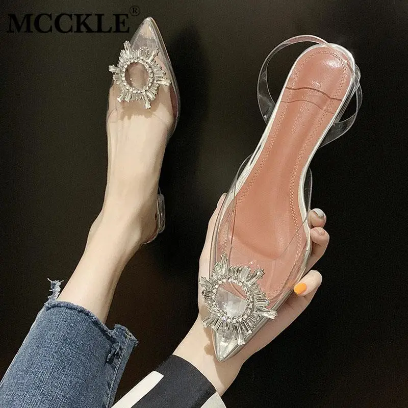 

MCCKLE Transparent Shoes Women Crystal Sandals Jelly Pointed Toe Clear High Heels Ladies Fashion Slip On Casual Female Footwear