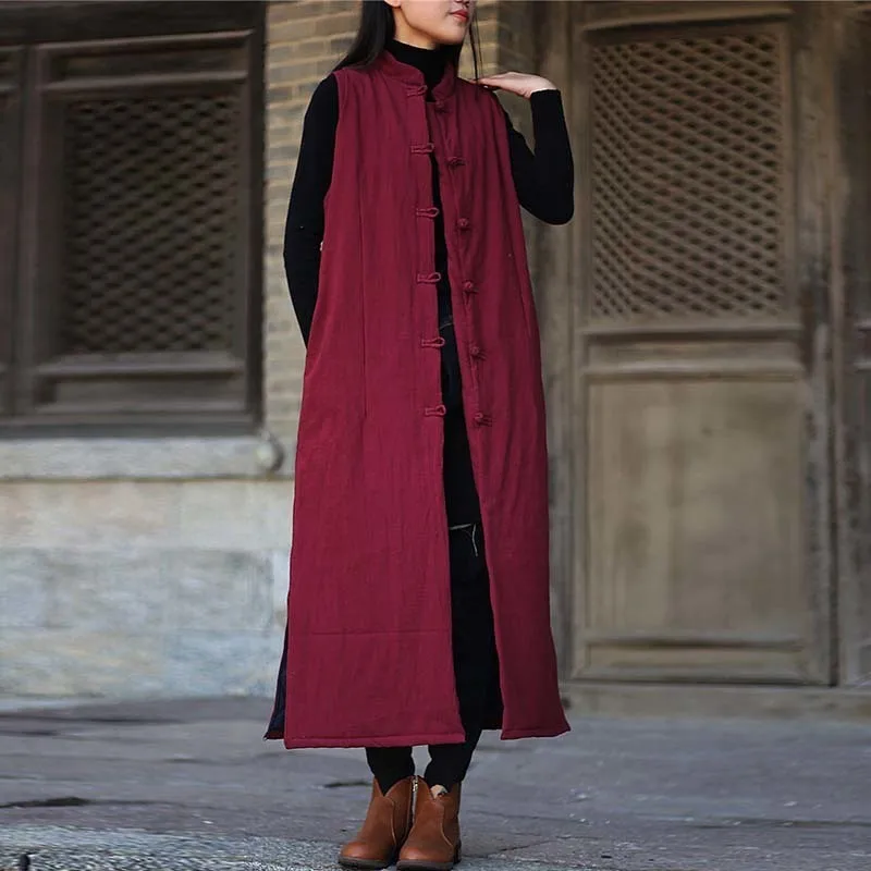 

NINI WONDERLAND 2019 Winter Vest Sleeveless Thicken Warm Long Outerwear & Coats Women Solid Cotton Long Vintage Vest Outerwear