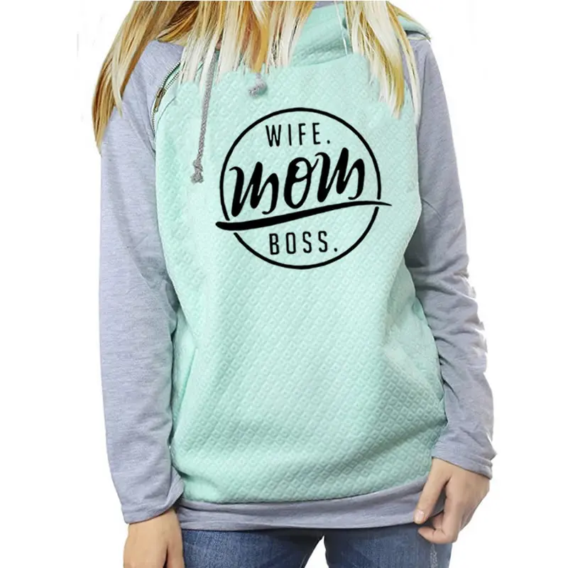 

2018 wife mom Fashion Funny Letters Print Hoodies Bts For Women Zipper Decoration Hooded Casual Patchwork Long Sleeve