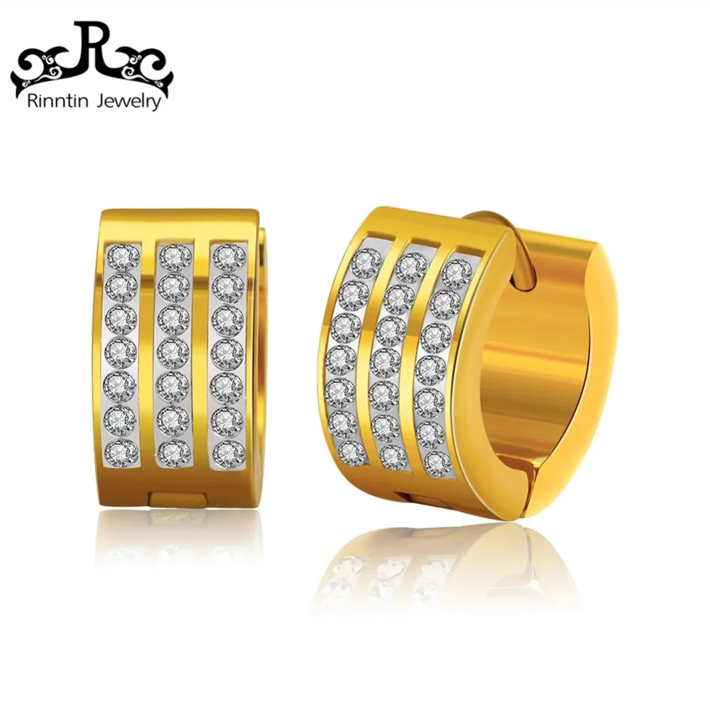 

2019 Rinntin Female 316L Stainless Steel Earrings for Women Gold_color Hoop Earring with Cubic Zirconia Fashion Jewelry DGTE68