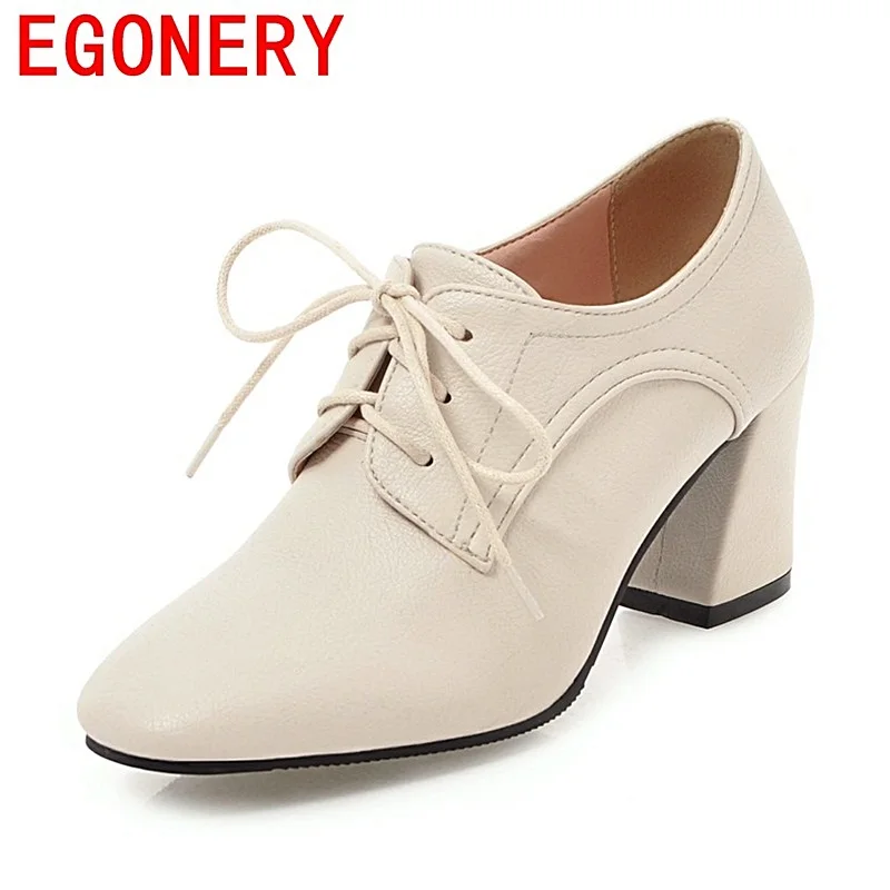 

EGONERY women good quality high heels shoes casual shoes lace up office ladies spring autumn big size new style square toe pumps