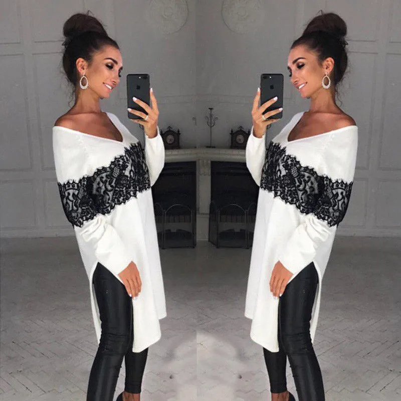 

2017 Spring Autumn Women Ladies Casual V Neck Long Sleeve Cotton Lace T Shirts Loose Tops Plus Size S-XXL