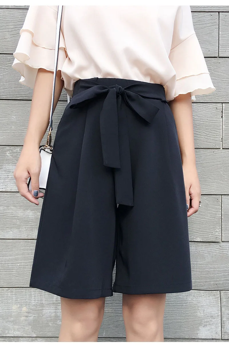 Летние женские широкие шорты Harajuku, шифоновые тонкие шорты с высокой талией, свободные повседневные Черные шорты для женщин - Цвет: blackbow