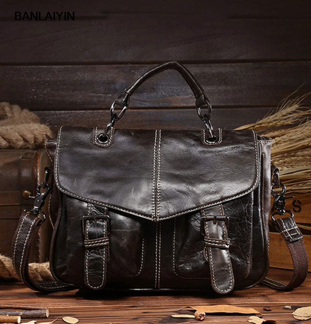 

Nice New Men Vintage Oil Wax Genuine Leather Cowhide High Quality Handbag Briefcase Business Messenger Shoulder Bag Handbags