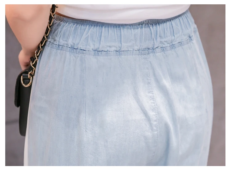 Бойфренд Тонкая шелковая хлопок летнее джинсовое брюки женщина 2019 мода эластичный пояс сбоку Полосатый Сексуальные раздельные брюки Femme