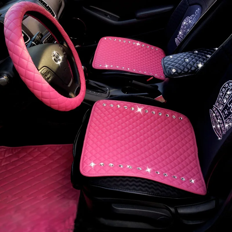 Simple Studded Crystal Leather Car Seat Cushion Woman Universal Auto