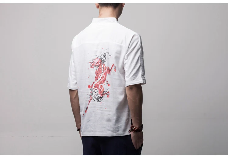4401 летние хлопковые льняные футболки мужские футболки с короткими рукавами и воротником «Мандарин» свободные хип-хоп винтажные Большие размеры кимоно с драконом