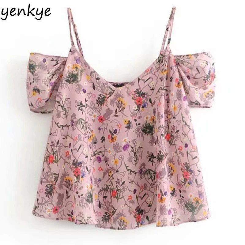 Pink Summer Tops 2018 Women Floral Printed Sexy Shoulder Off Top Female