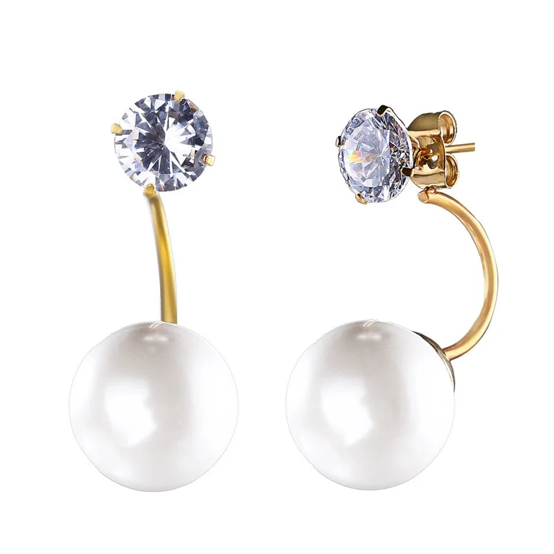 Pearl zircon earrings, front and rear size, female, rear hook stainless