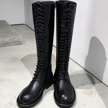 

2019 News Over The Knee Botas Mujer Round Toe Shoes Woman Lace-Up Boots Autumn Zapatos De Mujer Buckle Motorcycle Ladies Pumps