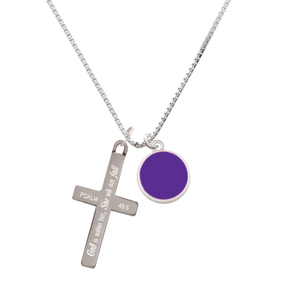 Small Purple Enamel Disc - She will not Fall - Cross Necklace