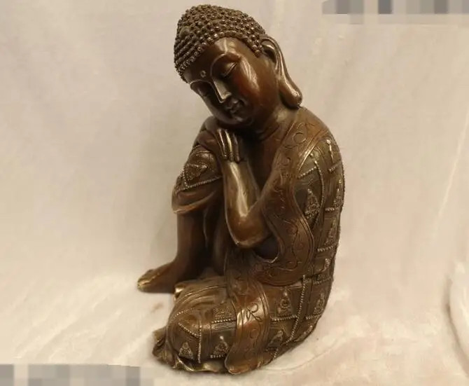 

S6582 10"China Folk Buddhism Bronze carving Sit sleep sakyamuni Buddha Statue D0318