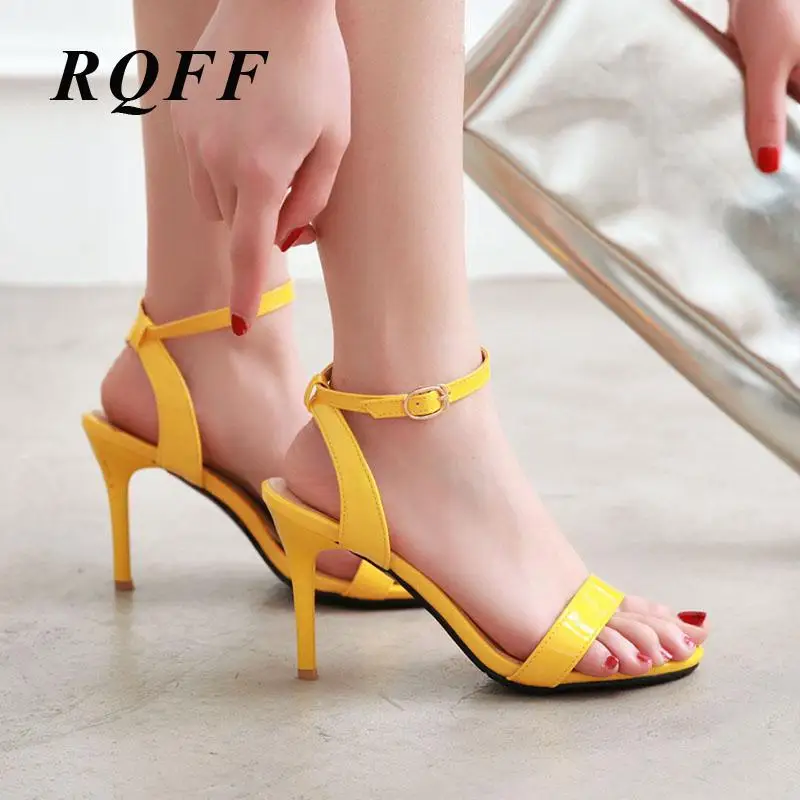 

RQFF Basic Party Sandals Solid Fashion Single Ankle Strap Buckle Open Toe Thin High Heels 9cm Women Shoes Large Size Black White