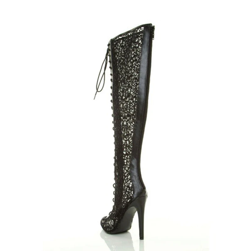 Fsj Longues De Croix Femme Toe Grande D'été Mince Veau Talons Fsj01 Up Peep attaché Gladiateur Reine Haute Bottes Lace Sexy Chaussures Noir cTF13JulK