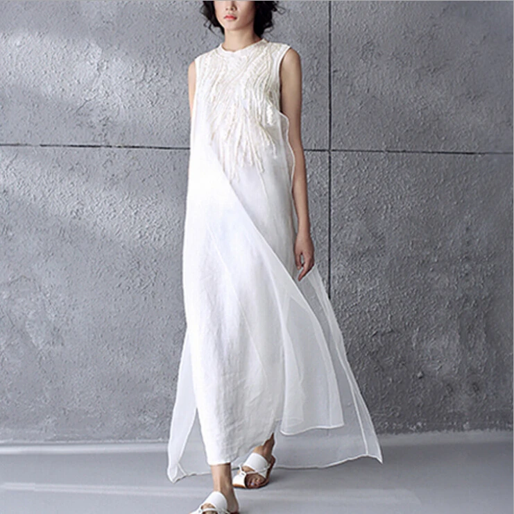 

New Women Summer Dress 2019 Flax Spell Silk Sleeveless Dress Embroidery Beige Vestidos Maxi Dress N205