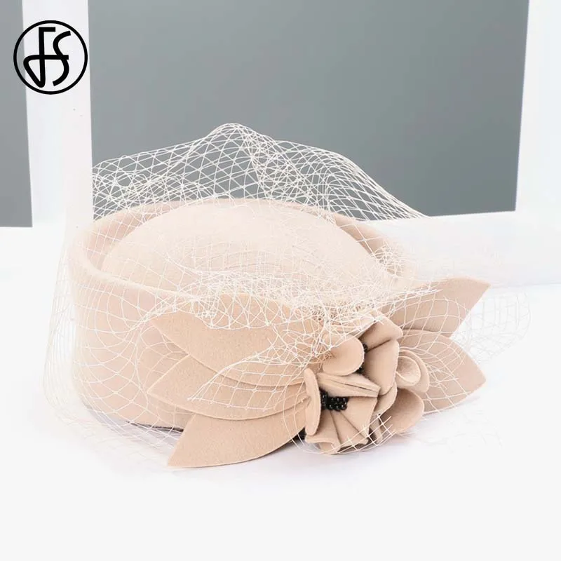 FS королевский цветок шерсть черный Pillbox шляпа с вуалью чародей шляпы для женщин Свадебные Элегантные вечерние Дерби женские фетровые шляпы - Цвет: Camel