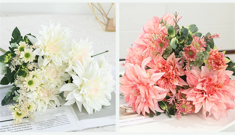 Роскошный большой букет георгина, шелковые искусственные цветы, Флорес для свадебного украшения, свадебный букет, белый искусственный цветок