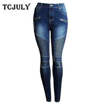 

TCJULY Stylish Locomotive Wear Slim Jeans For Women Pleated Bleached Denim Pencil Pants Skinny Push Up Stretch Washed Blue Jeans