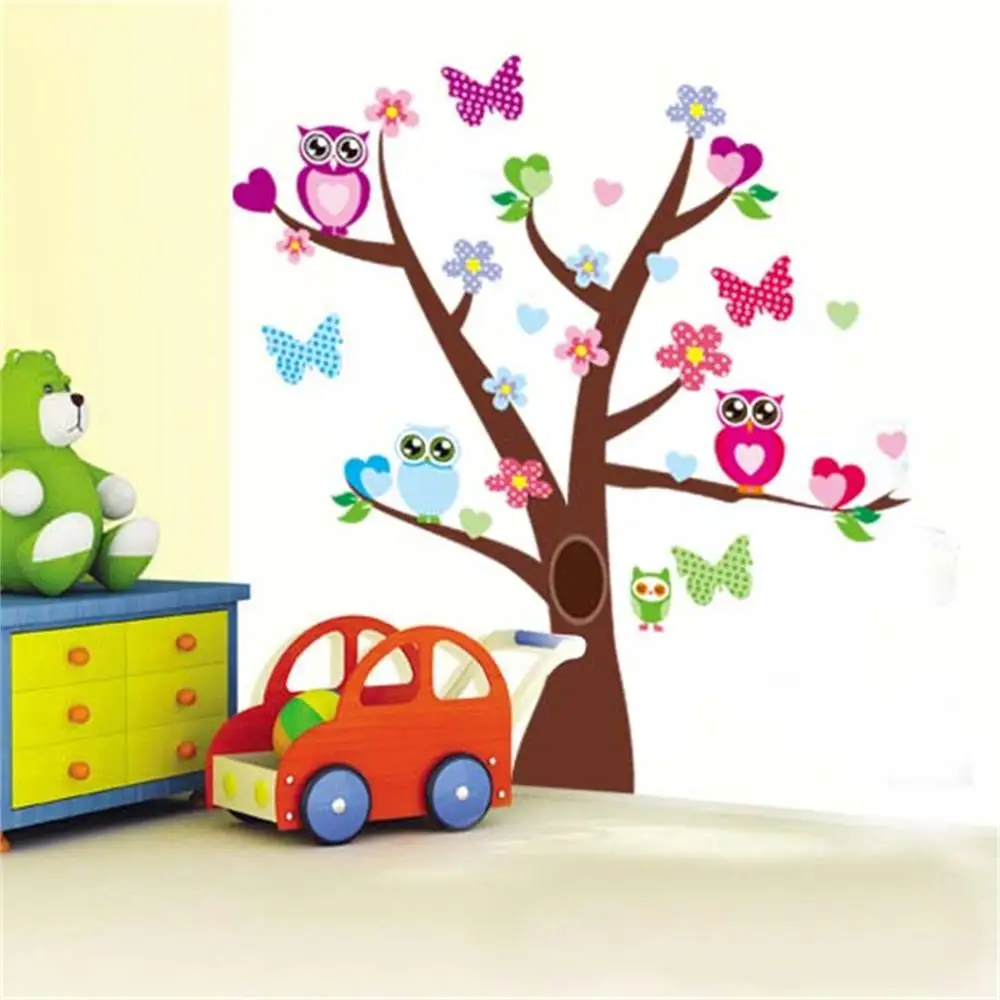 

wise owls butterflies on colorful tree wall stickers for kids rooms 1006 decorative nursery home decor pvc wall decal