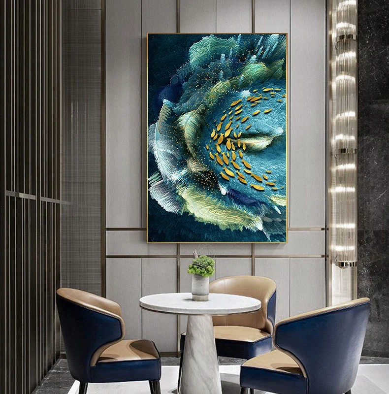 Абстрактная Картина на холсте с золотым пером, большой синий плакат с зеленым принтом, роскошная настенная художественная картина для гостиной, 3D эффект