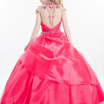 

Illusion High Neck Crystals Beads Ball Pageant Dresses New Arrival Hot Pink vestido de la muchacha desfile Kids Clothes Gown