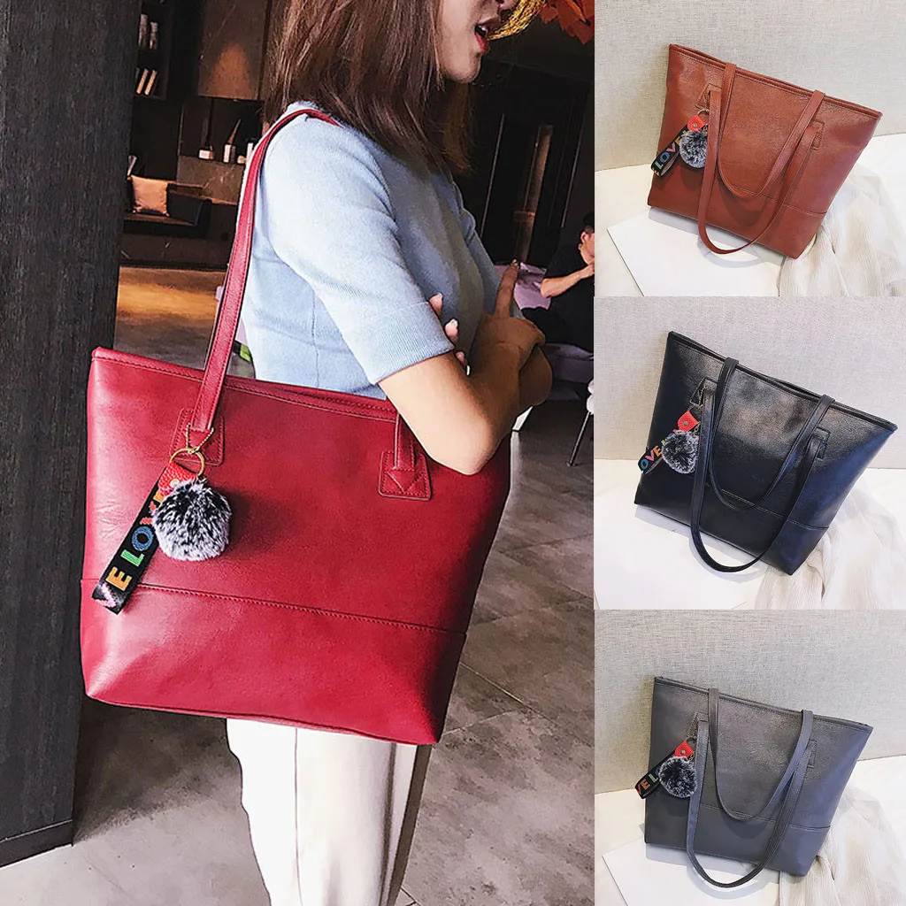 

Vintgae Women Leather Hairball Zipper Tote Solid Color Shoulder Bag Fashion Big Capacity HandBag Office Ladies Formal Bag Sac