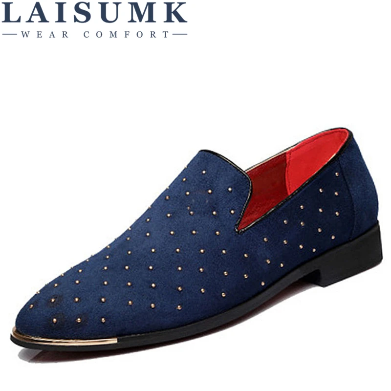 

LAISUMK Men's Spring Slip On Pointed Toe Rivet Dress Shoes Glitter Loafers Leather Boat Moccasins Wedding Driving Shoe Plus Size