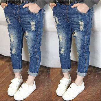

2019 Autumn Kids Jeans Boys Girls Fashion Holes Jeans Children Ripped Jeans for Boys Casual Denim Pants Legs 2-10Y Wholesale