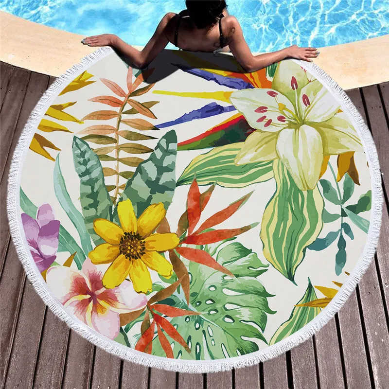 XC USHIO новейшее круглое пляжное полотенце с Фламинго из микрофибры большое полотенце с цветочным рисунком и листьями одеяло с принтом Toalla Tassel гобелен 150 см