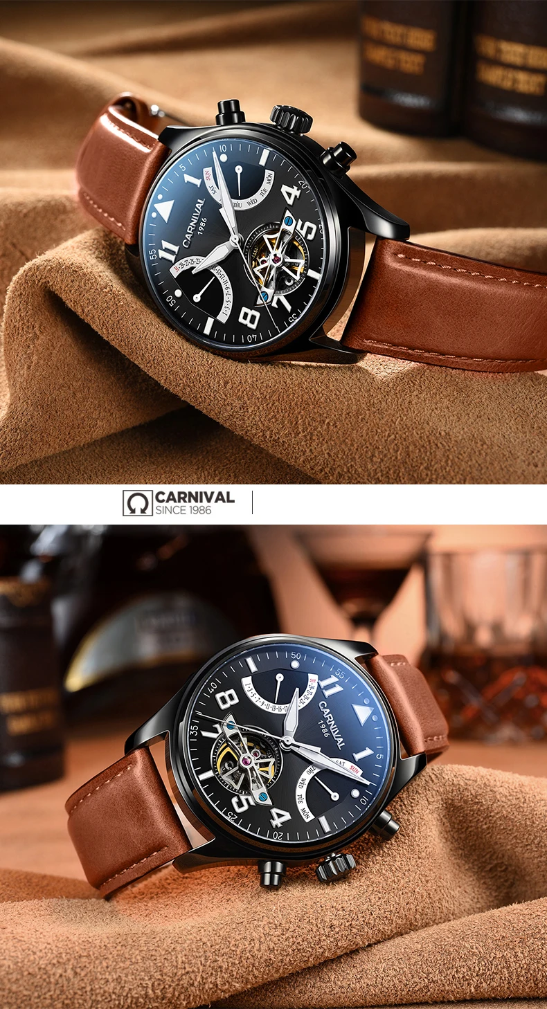 Карнавал сапфир relogio masculino TopBrand автоматические часы для мужчин Tourbillon механические водонепроницаемые часы модные кожаные роскошные