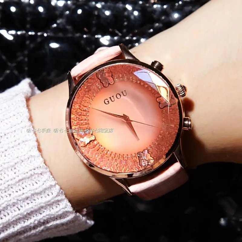 Koop HK GUOU Merk Quartz Lady Horloge Strass Waterdicht vrouwen Horloge Lederen Upscale Grote Wijzerplaat Luxe Gift Horloges