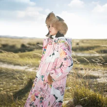 MM215 Новое поступление, винтажное теплое зимнее пальто с капюшоном и принтом Журавля, Длинная женская куртка-пуховик на белом утином пуху