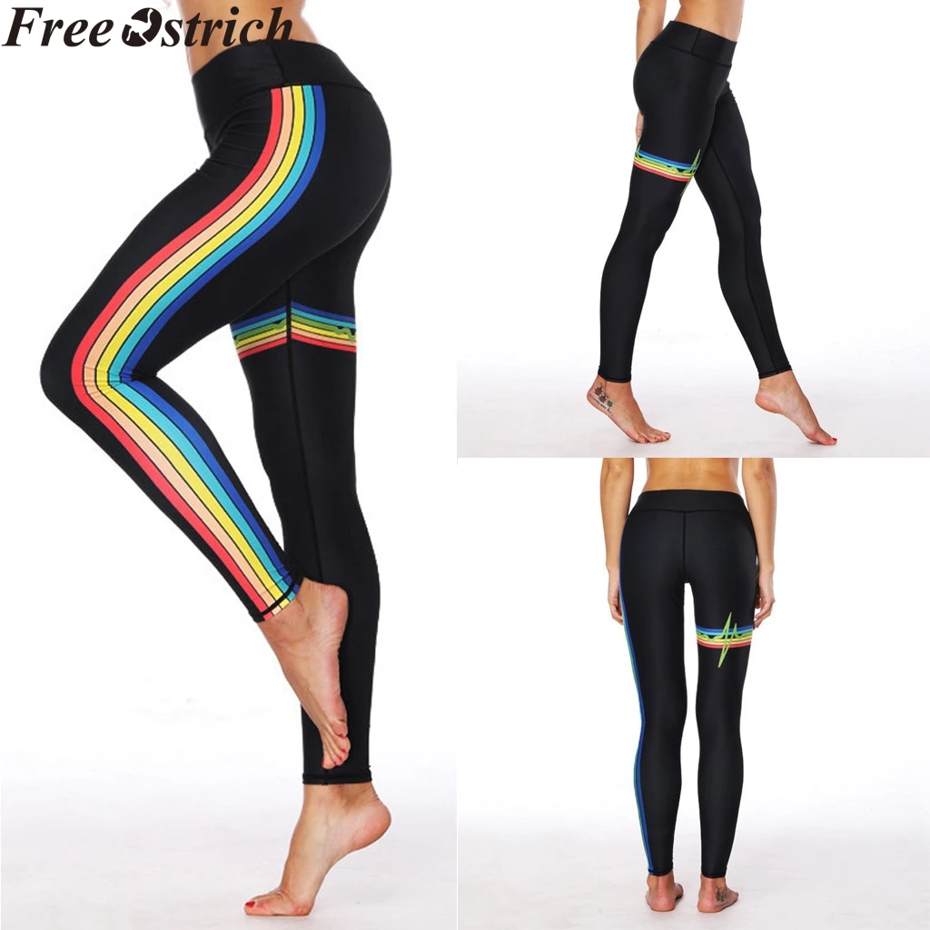 

Women slim sports trousers American buttocks jogging fitness pants plus size Ladies rainbow print high waist elastic trousers