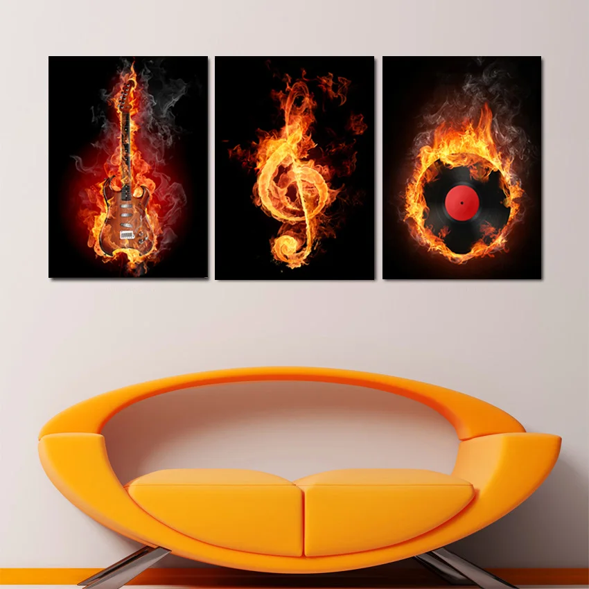 

3 Pieces/set Wall Art Decorative Painting Paint on Canvas Prints Black And Yellow Burning Guitar Musical Note Pictures Unframed