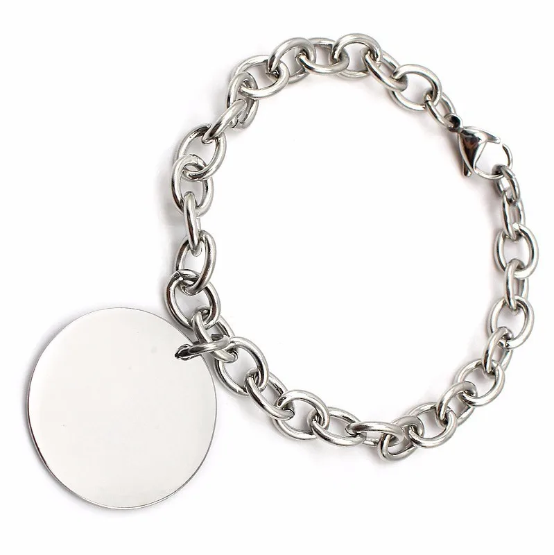 Women Fashion Bracelets Jewelry Accessories Bangles Chain Link Bracelets with Round Engravable Laser Logo/Name Charm Pendant 5