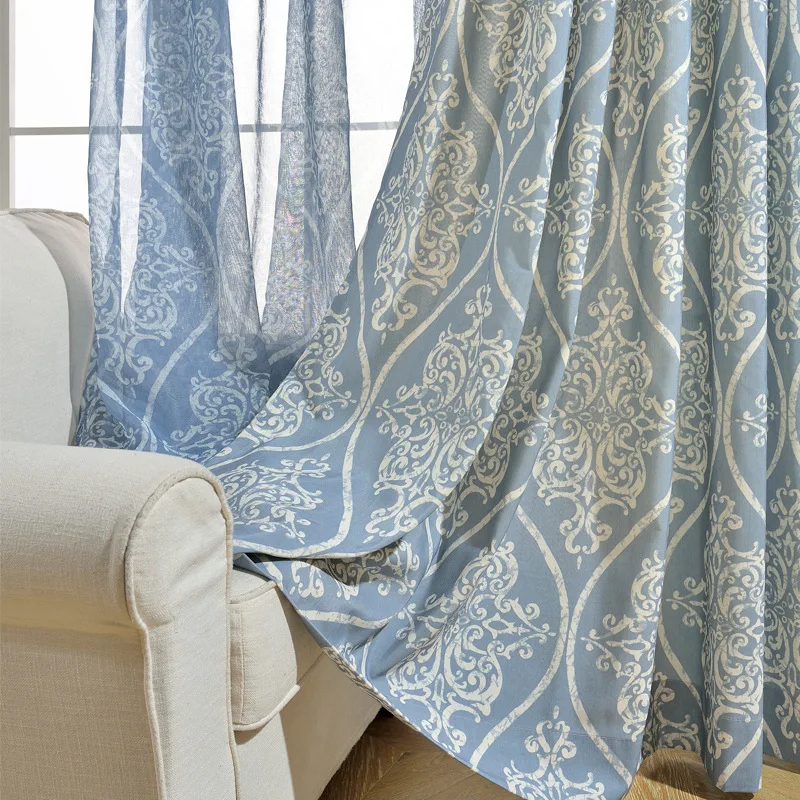 

Chinese Style Modern Curtains for Living Dining Room Bedroom Blue Simple Polyester Cotton Printed Curtain Screens